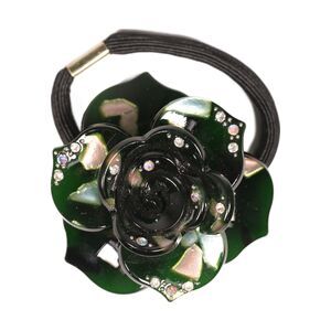 Vintage Chinese Style Green Jade Rose Black Hair Scrunchie w/ Rhinestones New